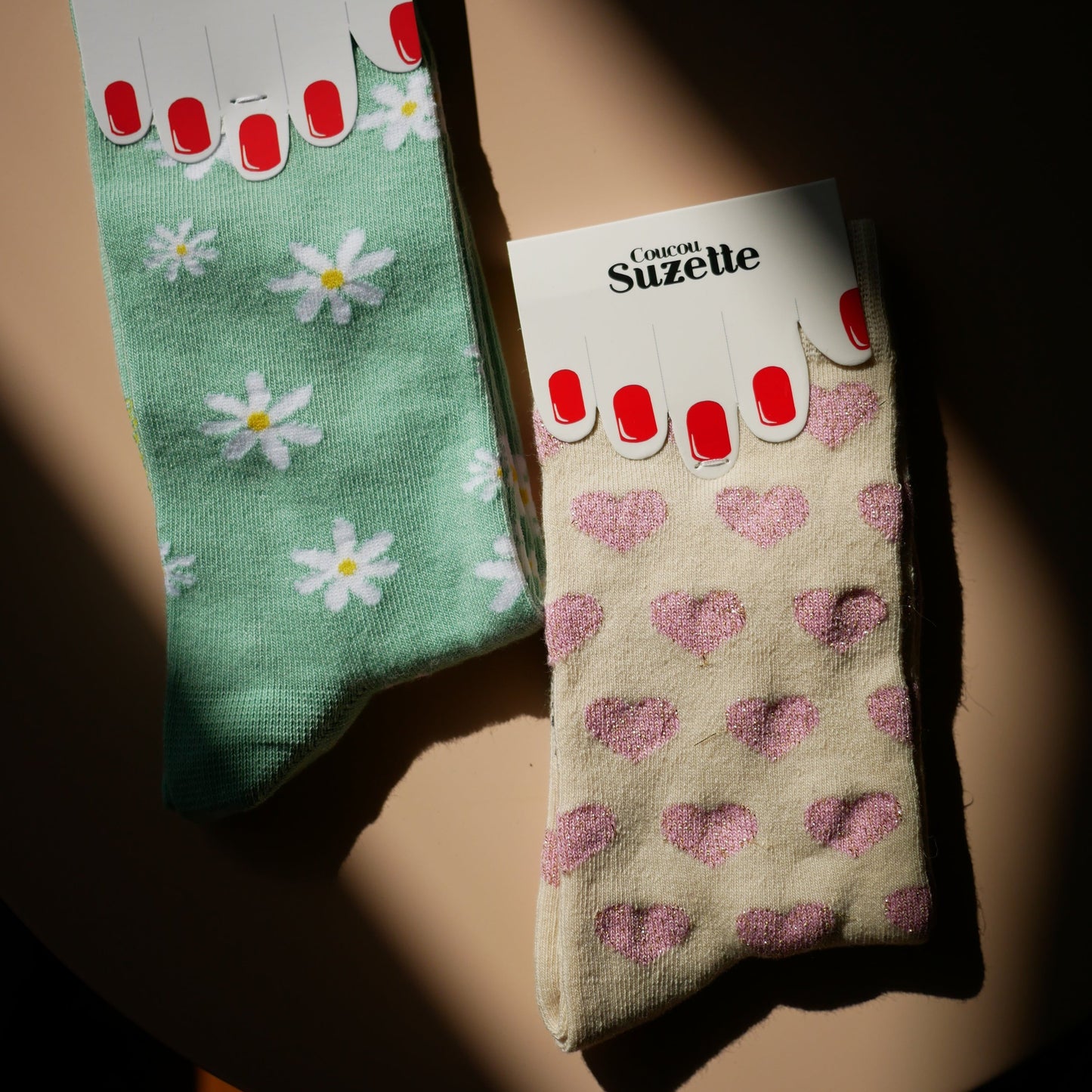 法國Coucou Suzette 粉紅愛心棉料中長襪 Pink Heart Cotton Socks