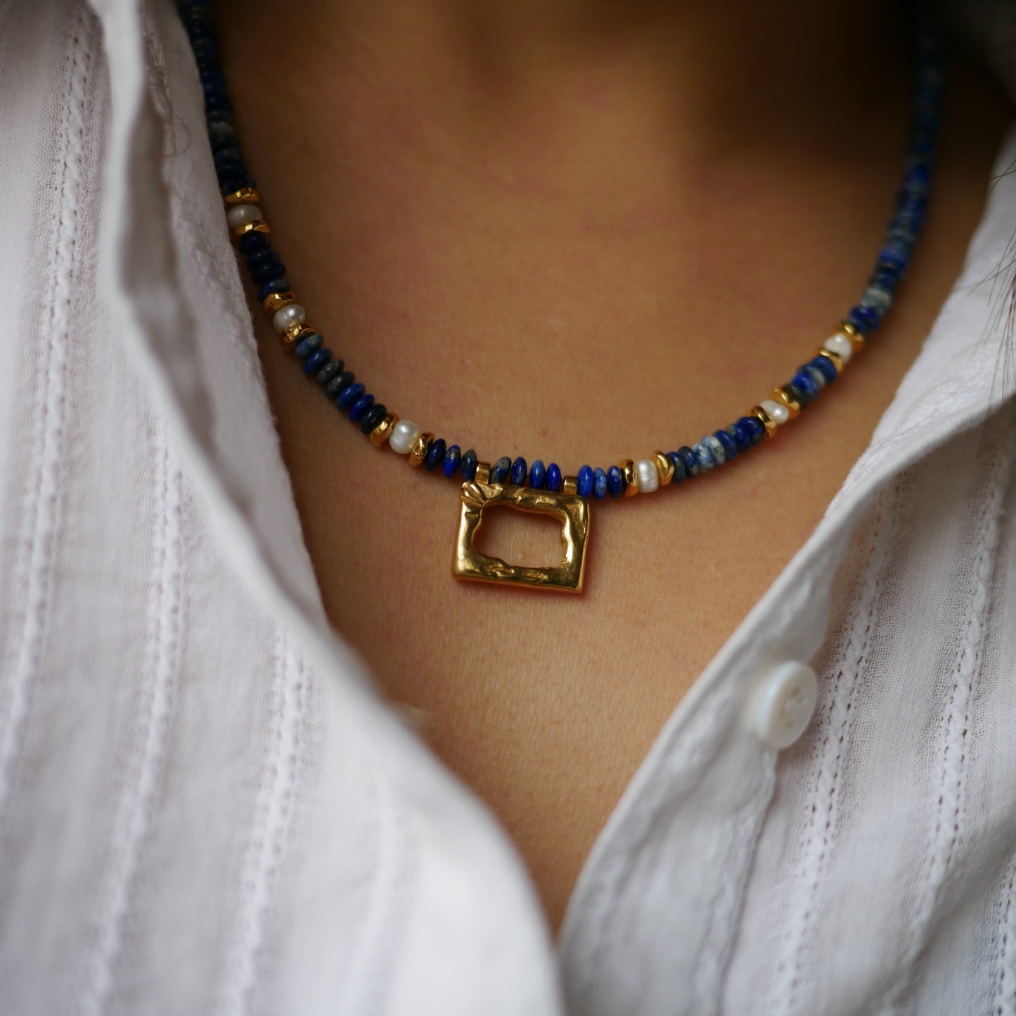 Triana青金石珍珠方形墜項鍊