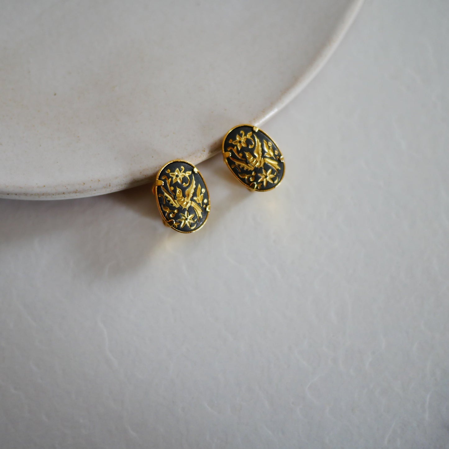 194 Vintage大馬士革真金鑲嵌古董夾式耳環