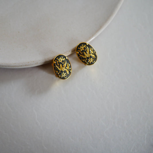 194 Vintage大馬士革真金鑲嵌古董夾式耳環