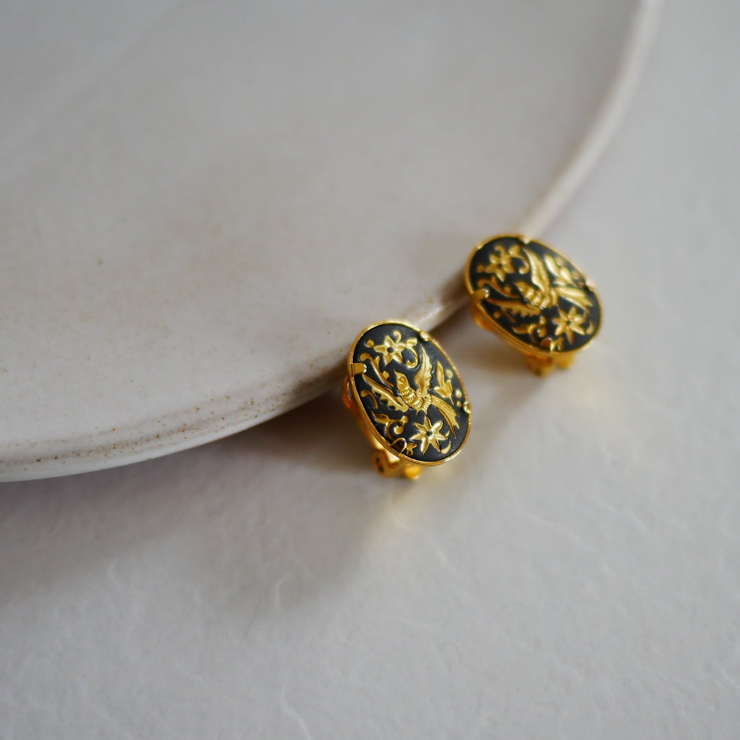 194 Vintage大馬士革真金鑲嵌古董夾式耳環