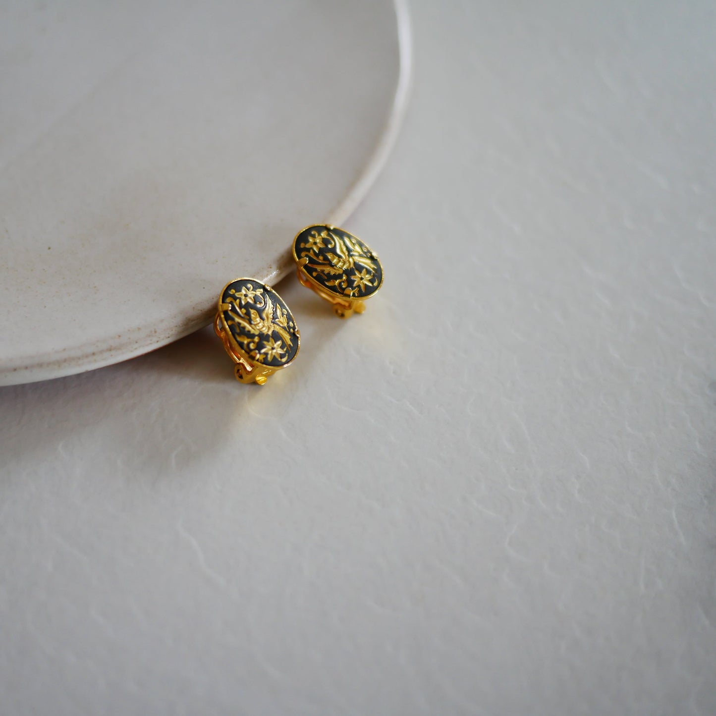 194 Vintage大馬士革真金鑲嵌古董夾式耳環